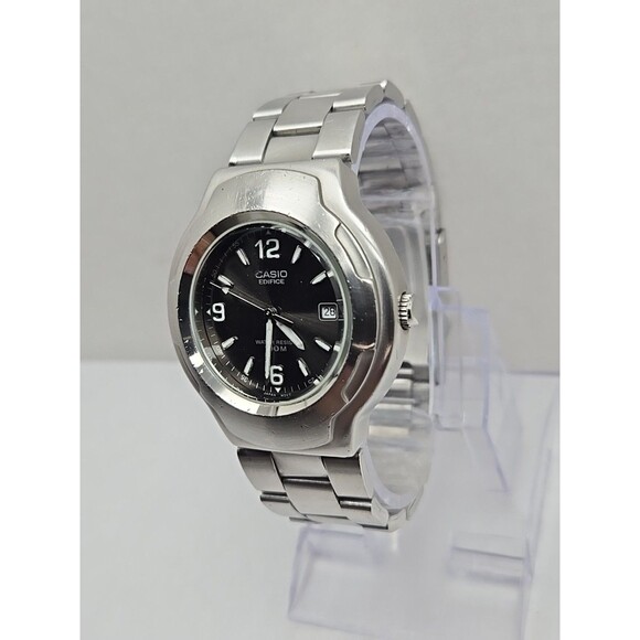 Casio Edifice EF104 Quartz Black Dial Date 100M Stainless Steel New Battery Mens - Picture 2 of 13